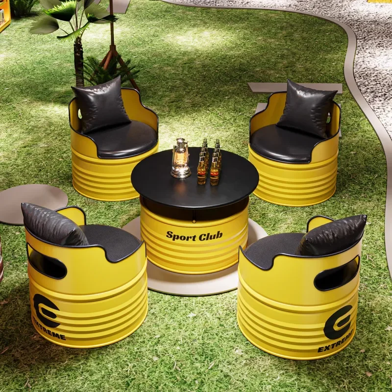 Modern Industrial Oil Drum Table Chair Set Sofa Combo for Mall Office Gym Bar Lounge Area Furniture