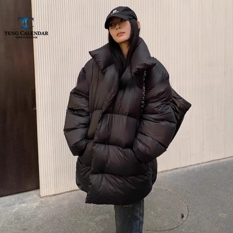 黒のダウンジャケット、ミディアム丈、90%ホワイトダックダウン、厚手で暖かい、多用途、スタンドカラー、ブレッドジャケット、レディース、2025年冬