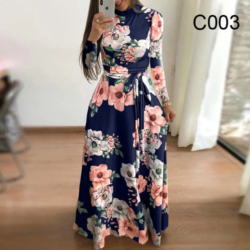 CHIC Elegant Fashion Print Autumn Festival Dress Women\'s Long Sleeve Round Neck Lace Up Flower Vintage vestidos para mujer 2023