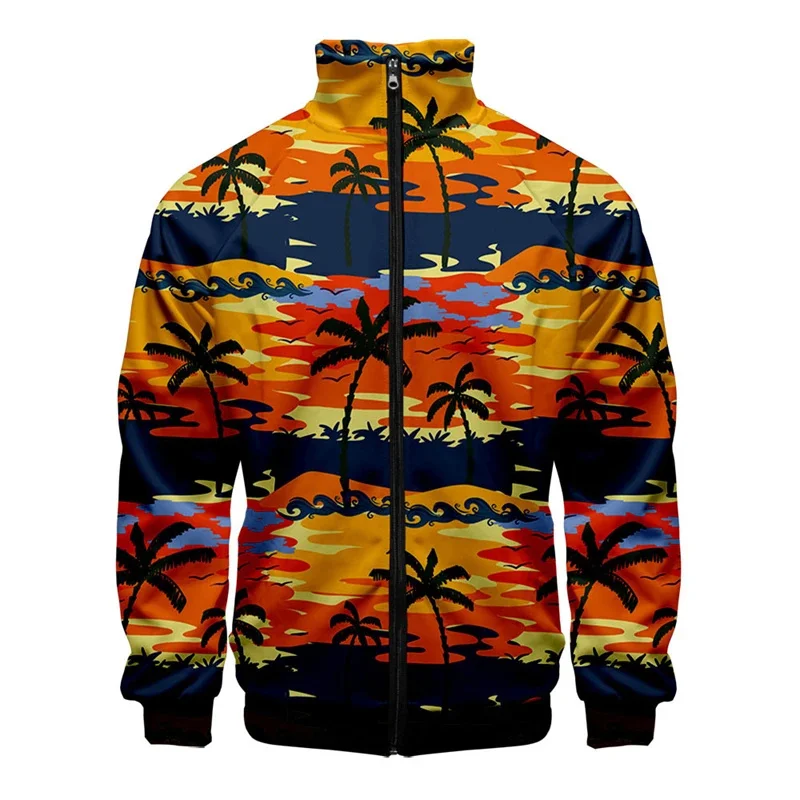 3D Printed Chicken Leopard Zipper Jacket For Men Coconut Tree Pattern Long Sleeves Fashion Harajuku Hawaiian Jackets Street Coat