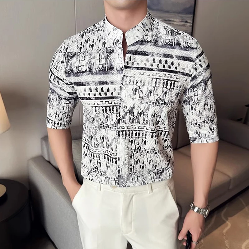 

Spring Summer Men Fashion Half Sleeve Shirts Stand Collar National Style Print Slim Fit Mens Shirt Plus Size Casual Ropa Hombre