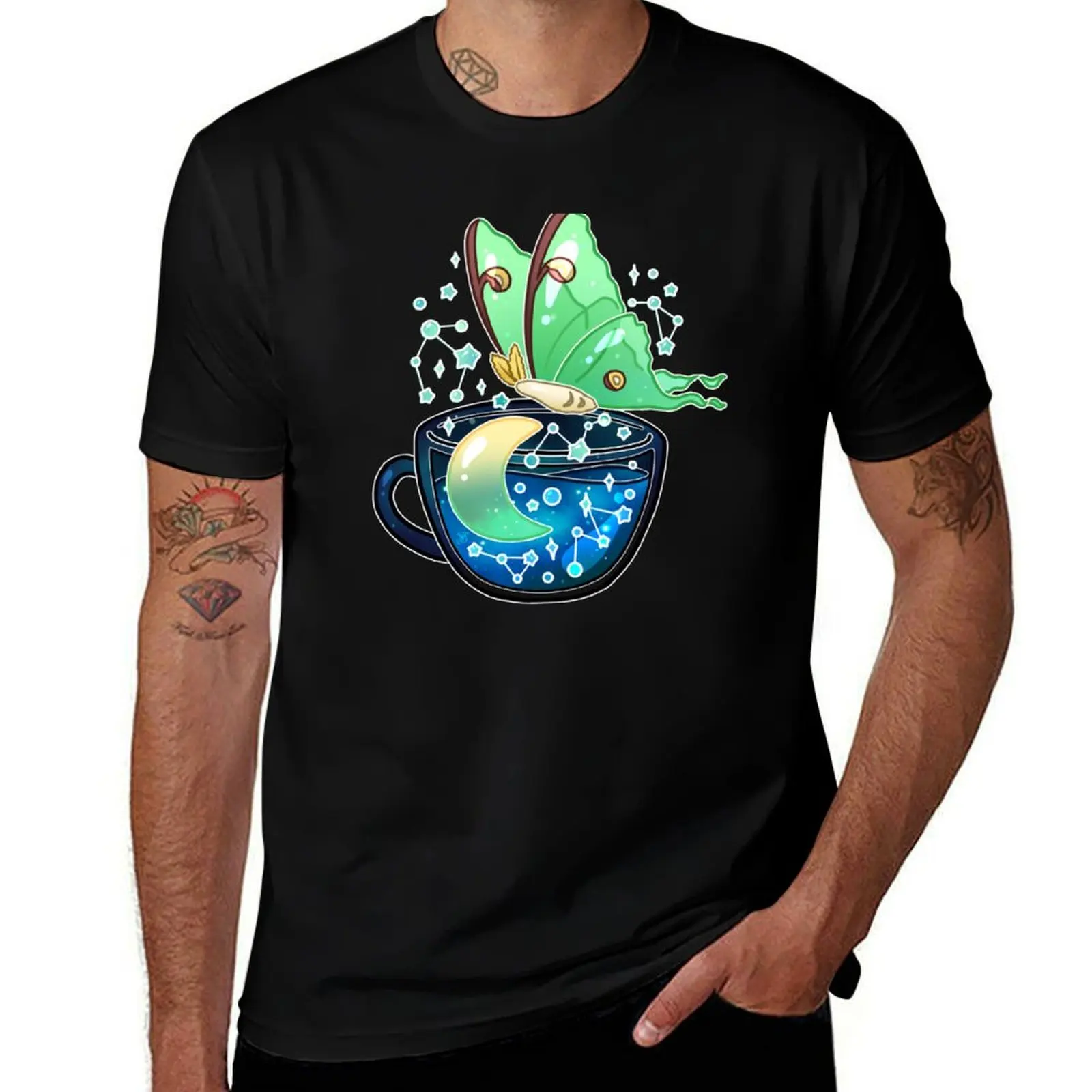 Celestial Luna Moth Teacup T-Shirt Holiday Casual Short Sleeve Top