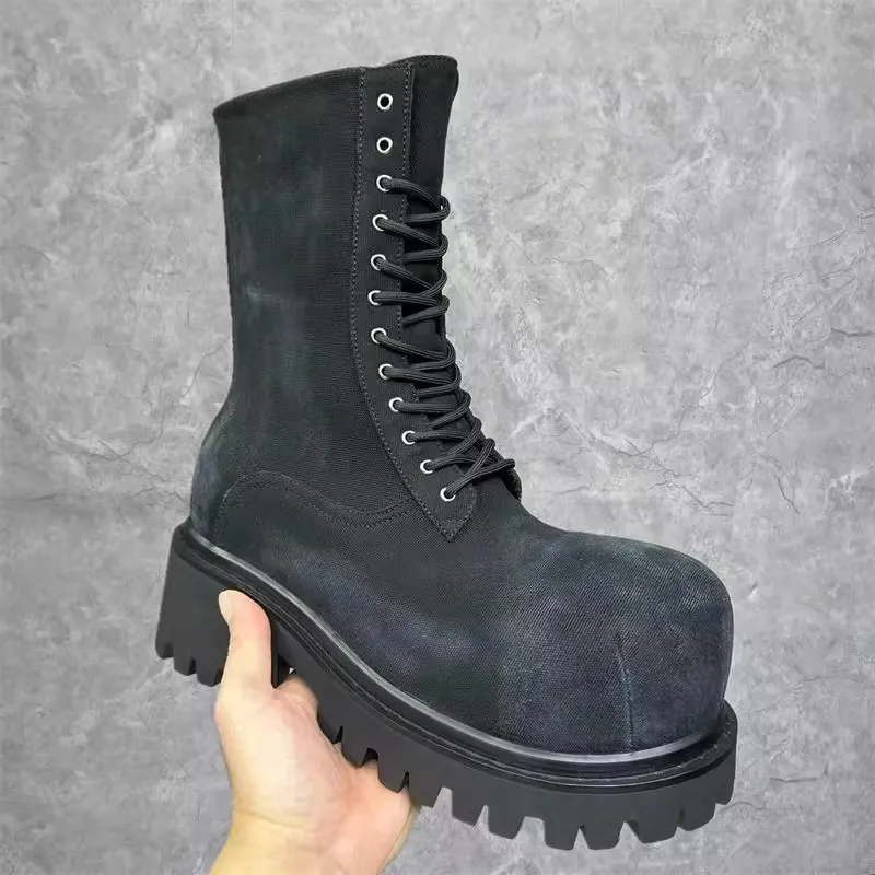 

Men's Casual Big Toe Lace Up High Top Shoes Thick Sole Short Boots Increased Height British Style Denim Shoes Plus Size 46