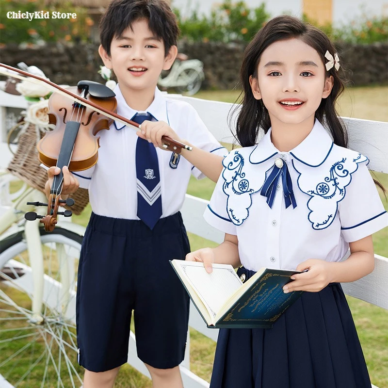 Boys British Shirts Shorts Girl Blouse Pleated Skirts Kids Kindergarten Clothes Sets Children Summer Students School Uniform