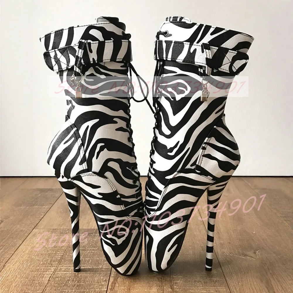 Women's 18cm Zebra Print Ballet Mid Calf Pointe Boots Fetish Golden Lock Pink High Heels Boots Feminine Sexy Dominatrix Shoes