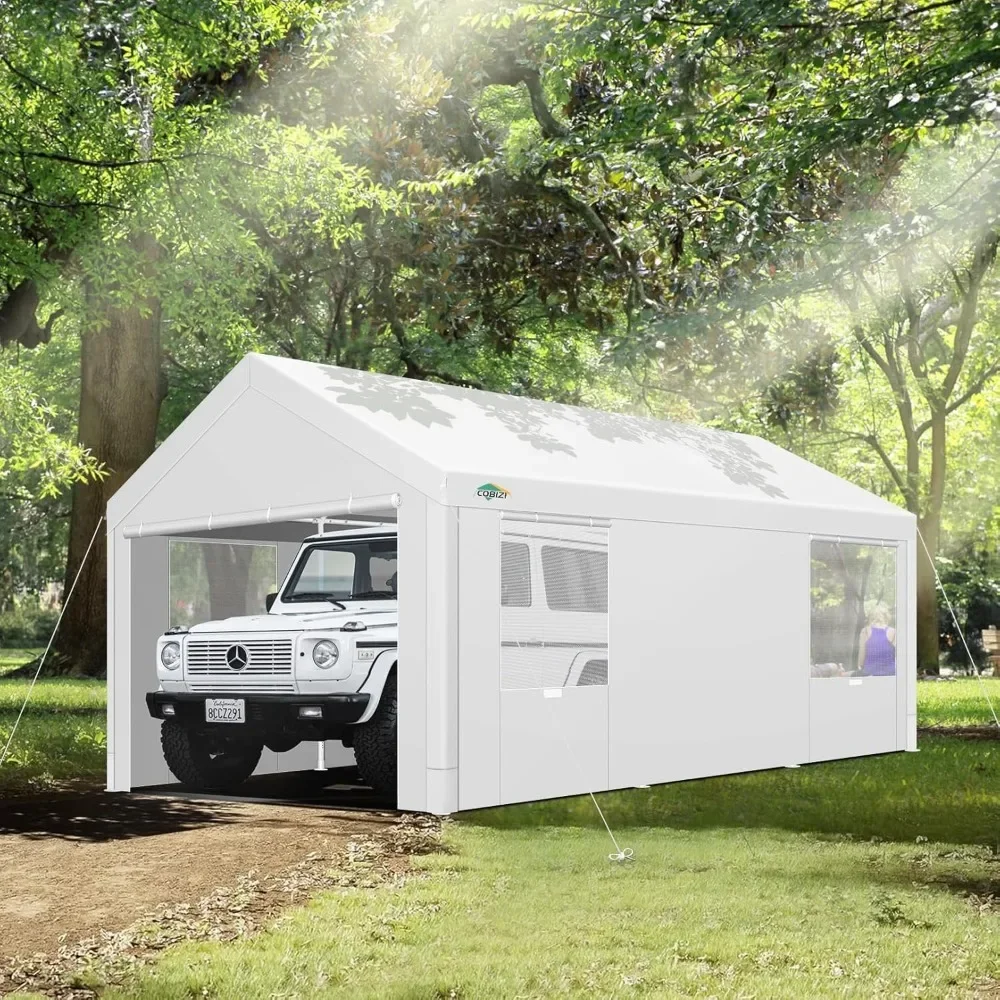 10x20ft Carport Heavy Duty, Portable Garage with Removable Sidewalls, Ventilated Windows&Built-in Sandbags,Waterproof Car Canopy