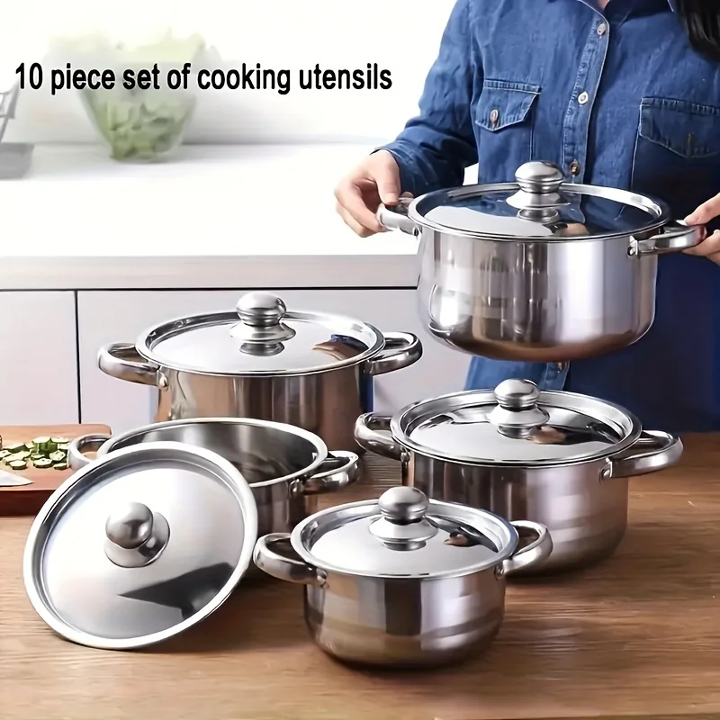 10-Piece Durable Stainless Steel Cookware Set with Lids - Versatile 5-Size Outdoor Camping Collection (6.3