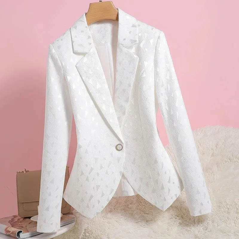 New 2023 Spring Autumn Slim Outerwear Fashion Retro Joker Blazer Jacket Female Trend White Suit Coat Women Jacquard Overcoat Top