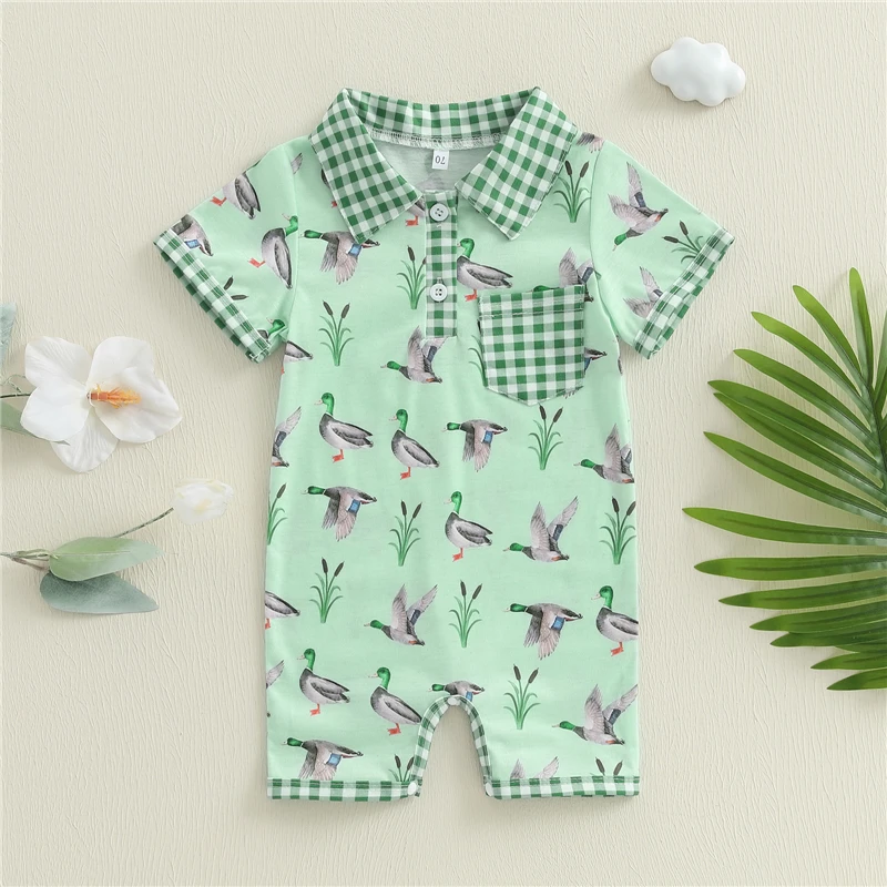 

Baby Romper Newborn Baby Boys Summer Clothes Casual Baby Short Sleeve Button Closure Plaid Duck Print Jumpsuits Toddler Playsuit