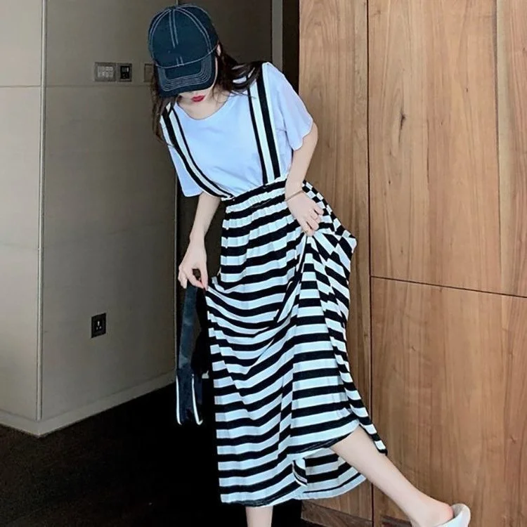 

Модный летний комплект из двух предметов: шикарный повседневный полосатый комбинезон-рубашка и футболка для женщин больших размеров (до 300 фунтов)