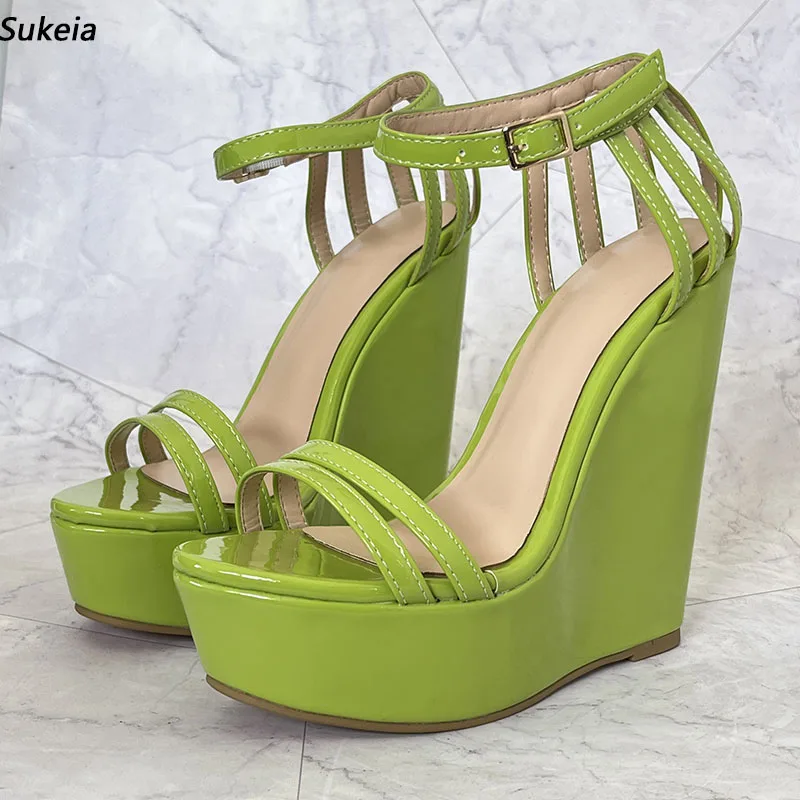 

Sukeia Real Photos Women Platform Sandals Wedges Heels Round Toe Beautiful Fruit Green Party Shoes Ladies US Plus Size 5-20