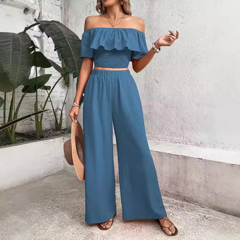 Summer new casual temperament commuter solid color one line shoulder blazer solid color wide leg pants