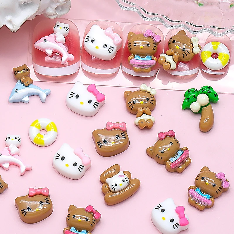 20Pcs Sanrio Hawaiian Holiday Black Skin Hello Kitty Nail Art Accessories Cartoon Resin Nails Stickers DIY Jewelry Decoration