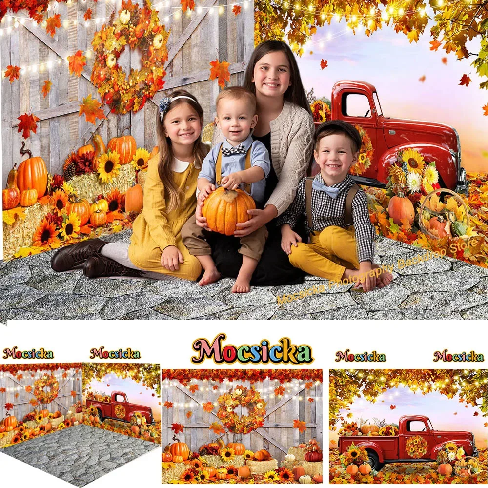 

Autumn Farm Birthday Party Backdrop for Studio Photography Props Maple Leaf Pumpkin Wooden Door Decor Background Kids Photobooth