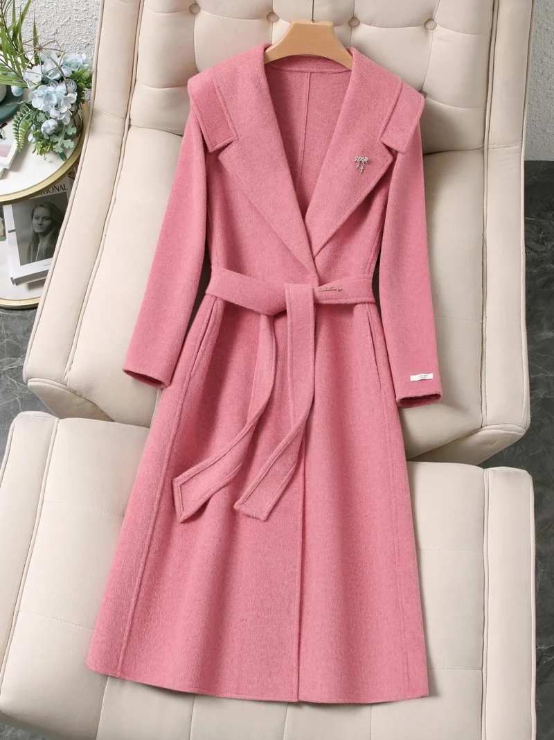

Korean Double-Sided Wool Coat Women 2025 Autumn Winter Solid Color Lapel Tie Slim Fit Light Luxury High-End Long Outerwear w1736
