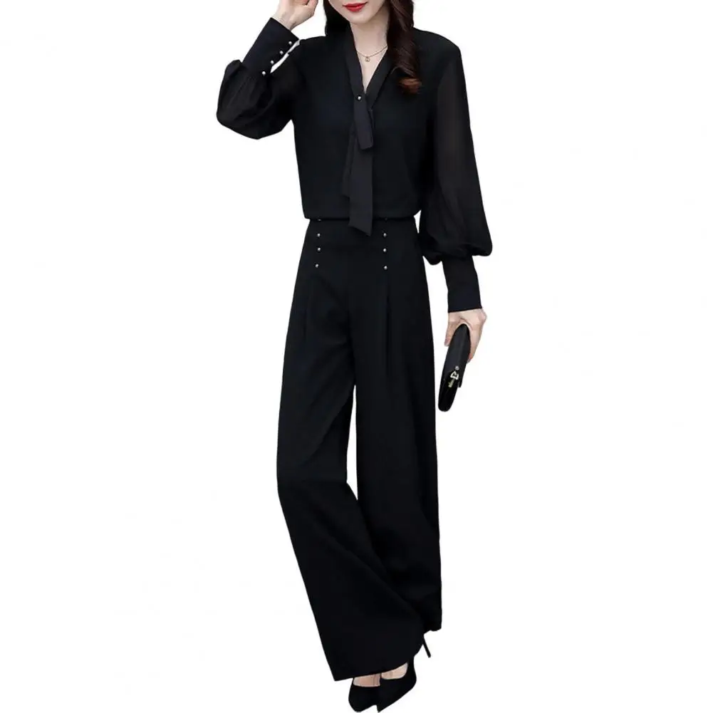 Wide-leg Trousers Set Women Two-piece Set Elegant Office Attire Set with V Neck Blouse Wide Leg Trousers Professional for Women