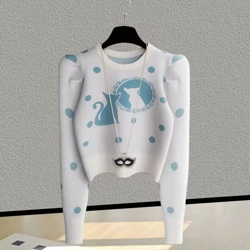 

Свободный пуловер с объемными рукавами и молочным кричащим котом, свитер с высокой талией, женский теплый вязаный свитер, топ на осень и зиму