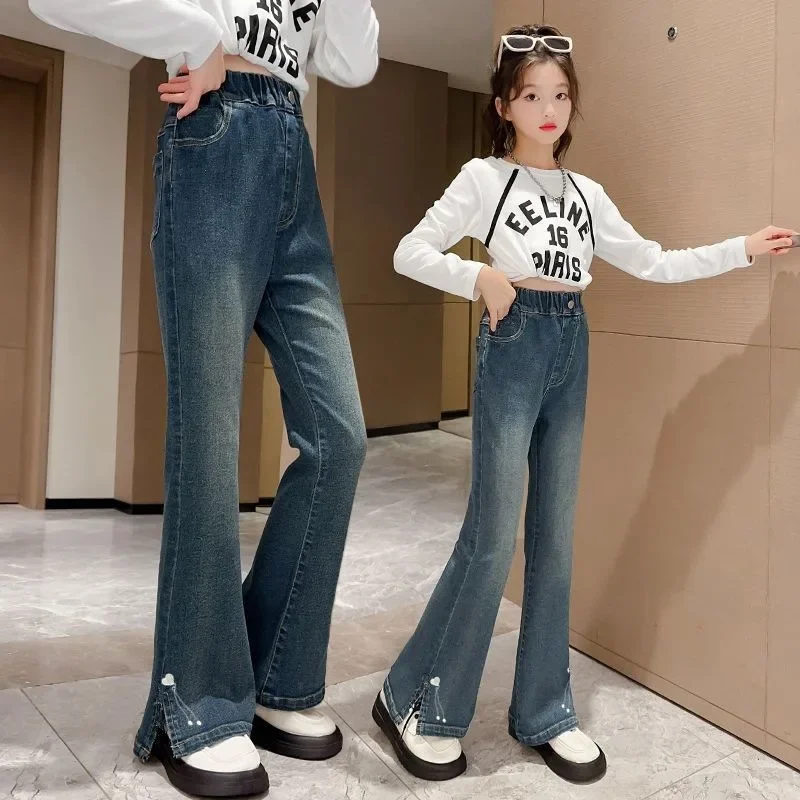 2024 New Arrival Kids Jeans for Girls for Girls with Trendy Designs Fashionable Bell Bottom Pants