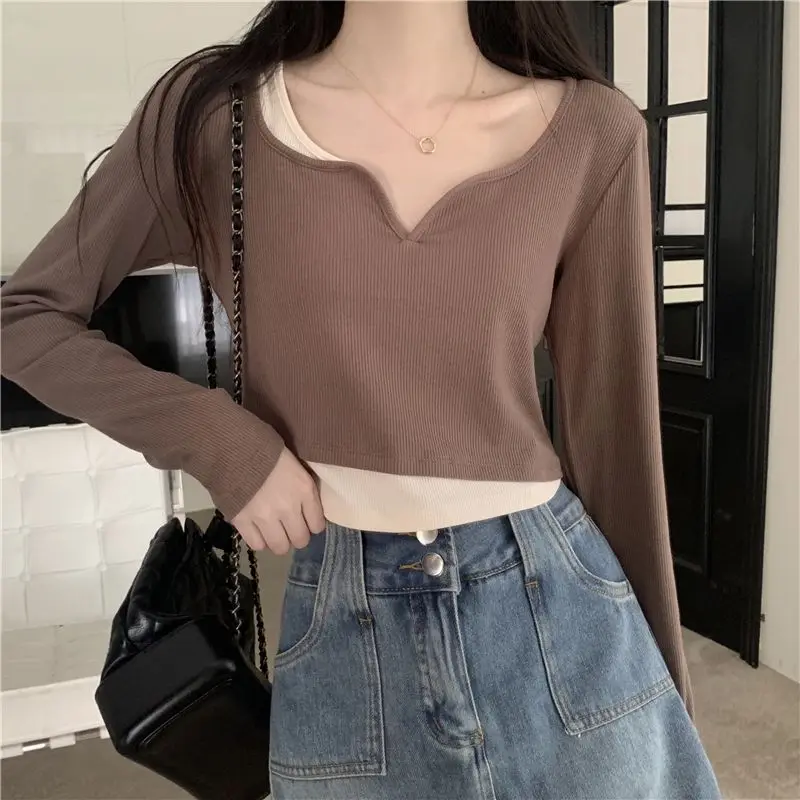 Autumn Winter Long Sleeve T-shirt Tops Women Slim Short Fake Two Pieces Inner Bottom Shirt Soft Simple Peplum