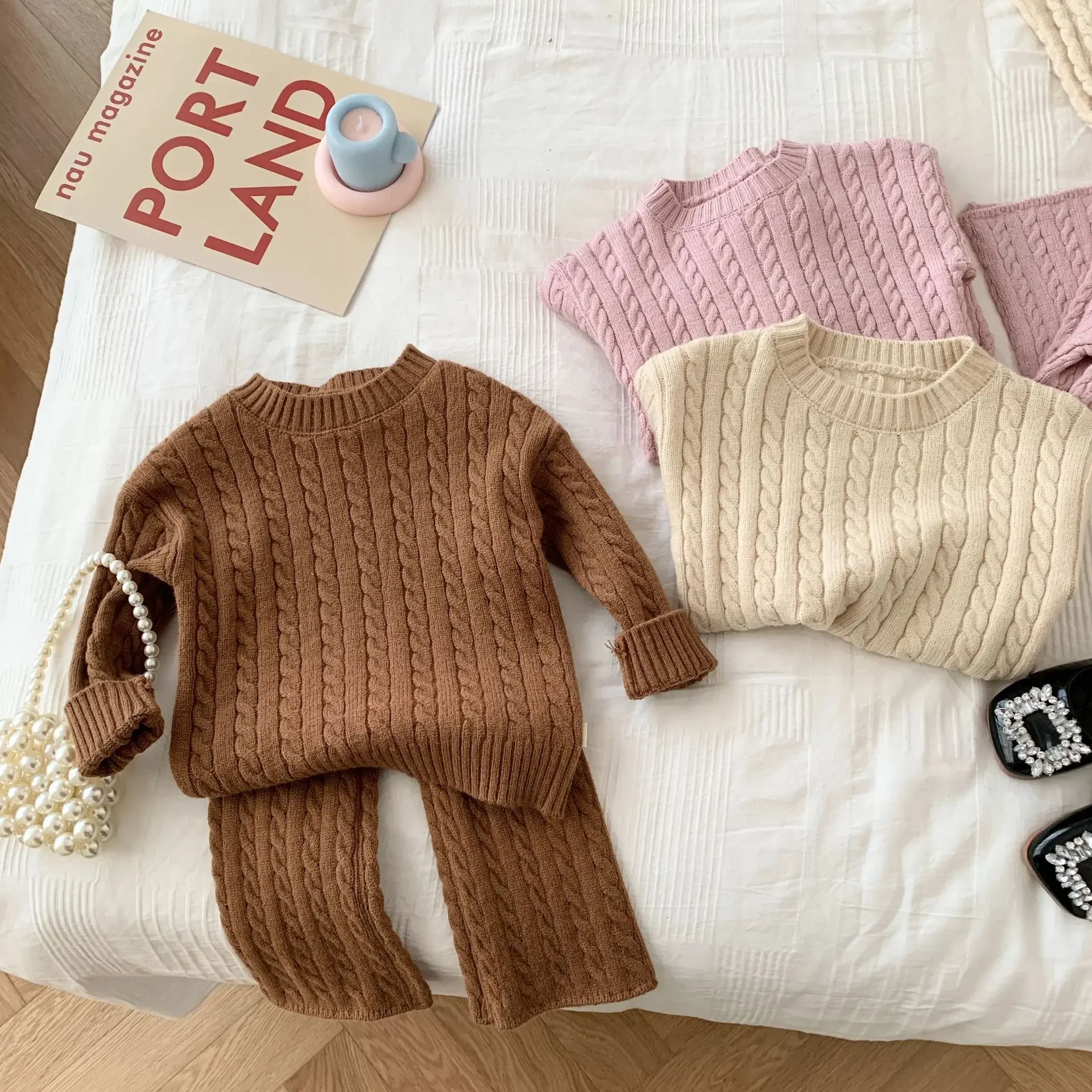 2pcs Infant Kids Baby Spring Knit Sweatsuit Korean Style Ribbed Cuff Drawstring Waist Sweater Pants Set for Toddler Boys Girls