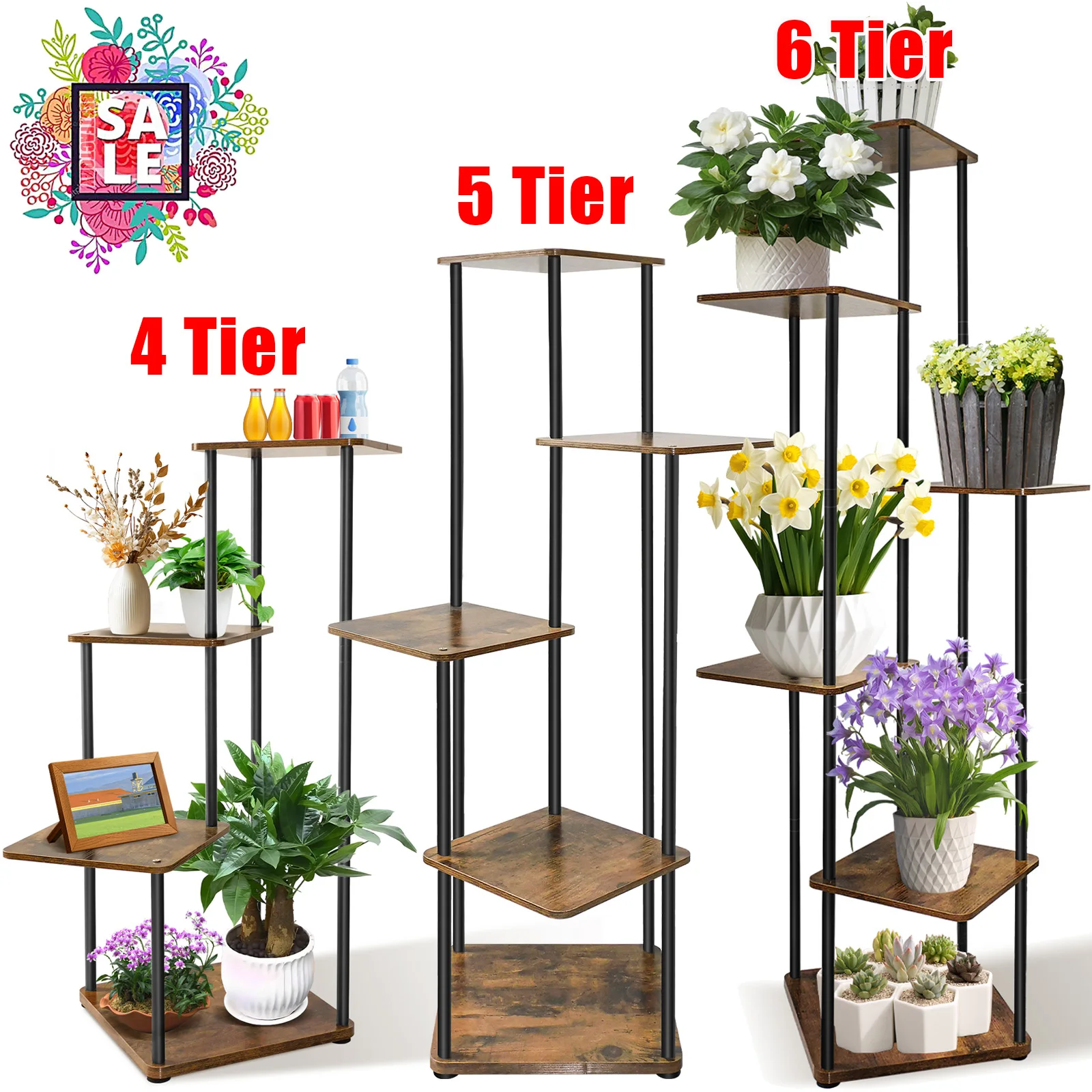 Support de fleurs pour plantes moderne, étagère pour plantes en métal et bois naturel pour plusieurs plantes, petit coin, maison, Patio, jardin, intérieur ou extérieur