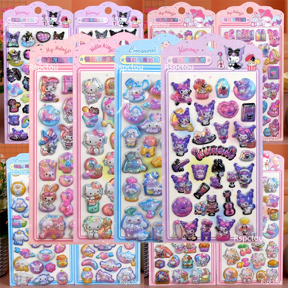 

Набор из 4 лазерных 3D-наклеек Sanrio: милые персонажи Kuromi и My Melody, объемные стикеры для декора холодильника, ноутбука, телефона, поощрительные наклейки