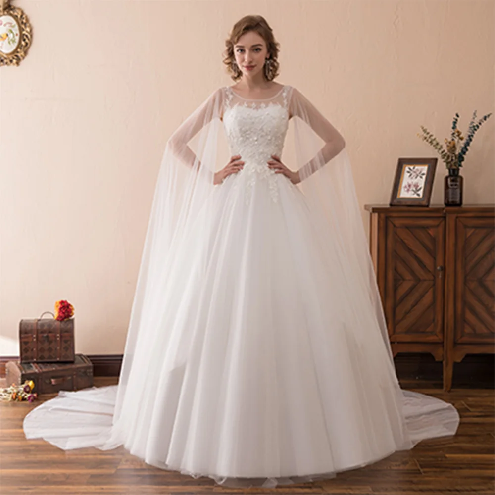 

Formal Cap Sleeve Tulle Sleeveless Lace Up Back 2024 Bride Gowns for Women Appliques Lace Sequined A-Line O-neck Wedding Dresses