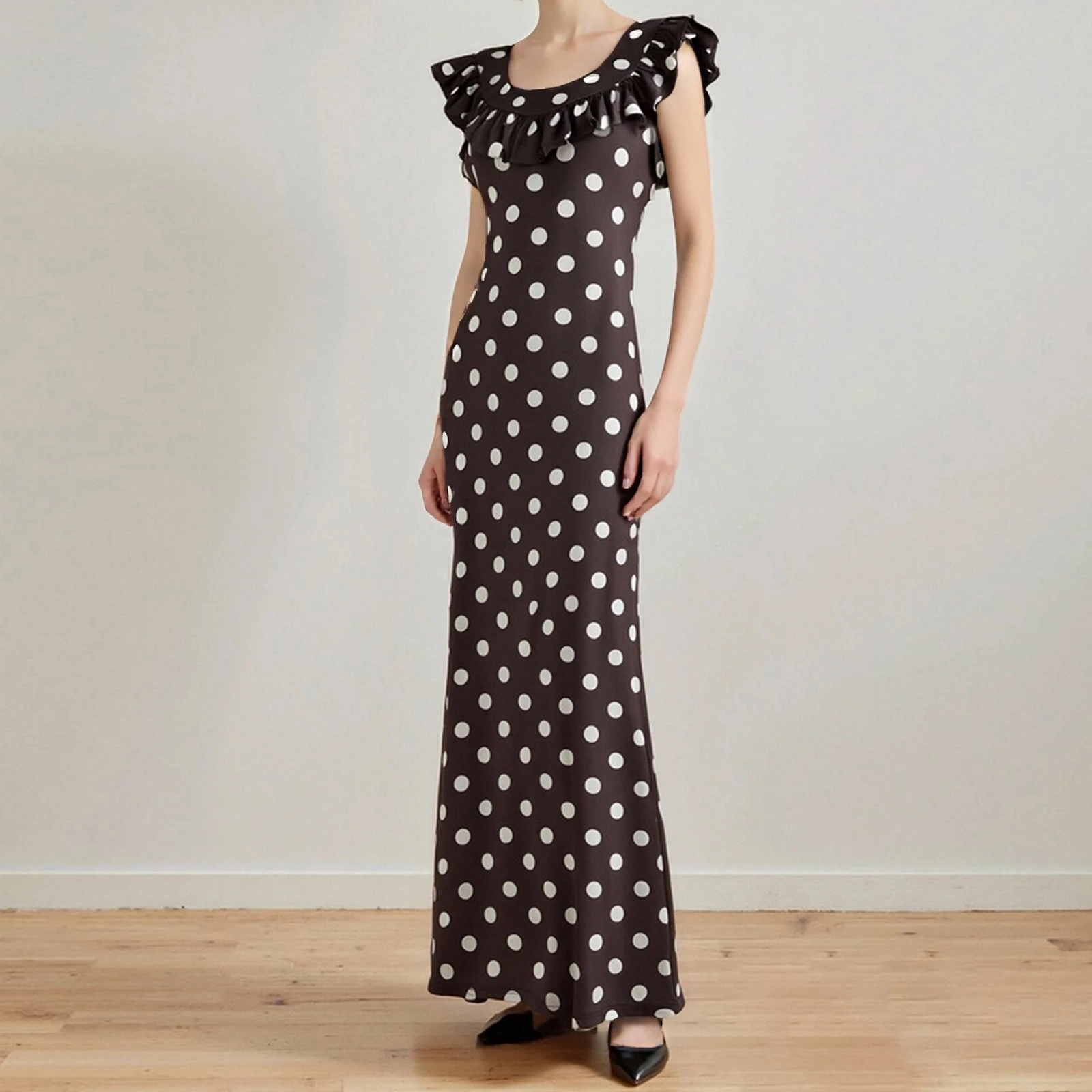 Nova moda feminina sem mangas vestido longo pontos impressão babados em torno do pescoço elegante casual fino ajuste vestido para festa s m l