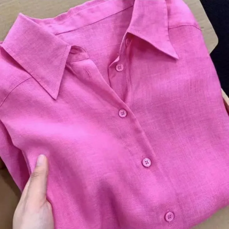 Super Good-looking Tree Rose Powder Loose Blouse Women Spring Summer Thin Loose Cardigan Shirts Lady Sun Sunscreen Shirt Coat view 2