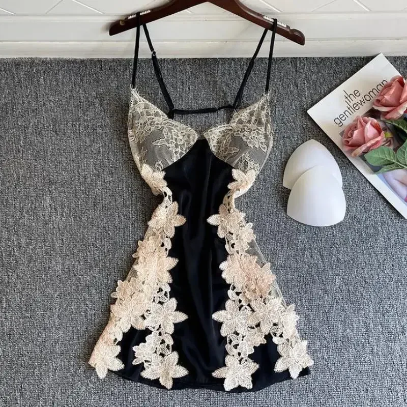 

Sexy Lace Hollow Out Nightdress Sleepwear Summer Women Suspender Nightgown Robe Casual Silky Satin Home Dress Lounge Wear