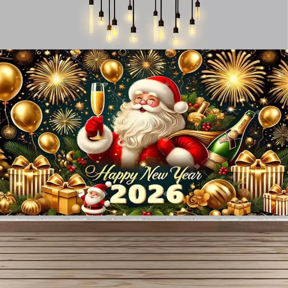 

Happy New Year party decoration background, New Year gift champagne clock, Christmas banner New Year party decoration background