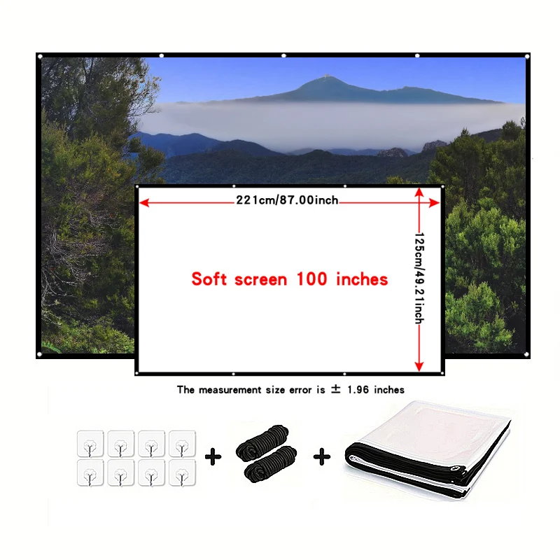 100-дюймовый мягкий экран высокой плотности с веревкой. Можно сложить. Портативный. Можно очищать. Можно гладить.