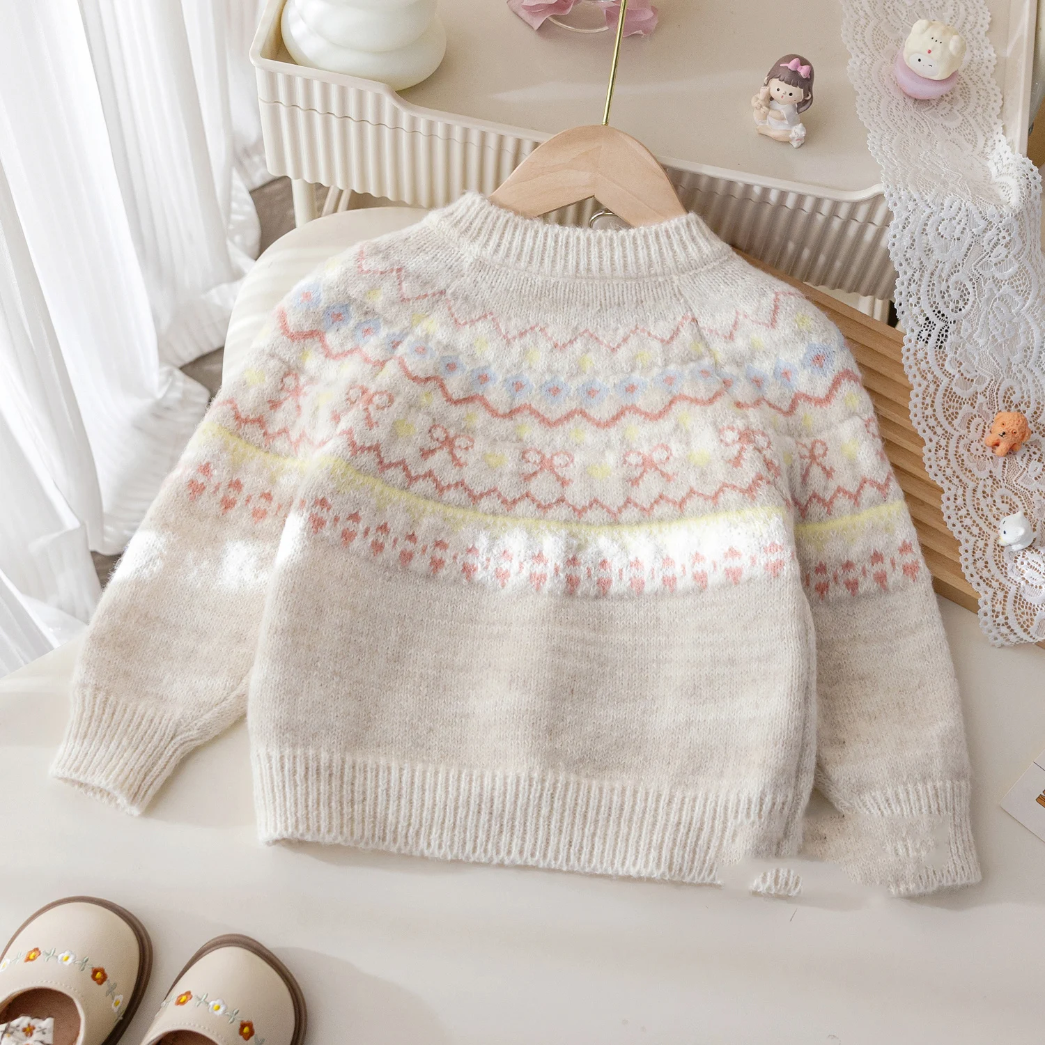 

Fashion O-neck Color Button Top Korean Kids Long Sleeved Thickened Sweater Baby Girls' Autumn Winter Print Knit Cardigans Coat