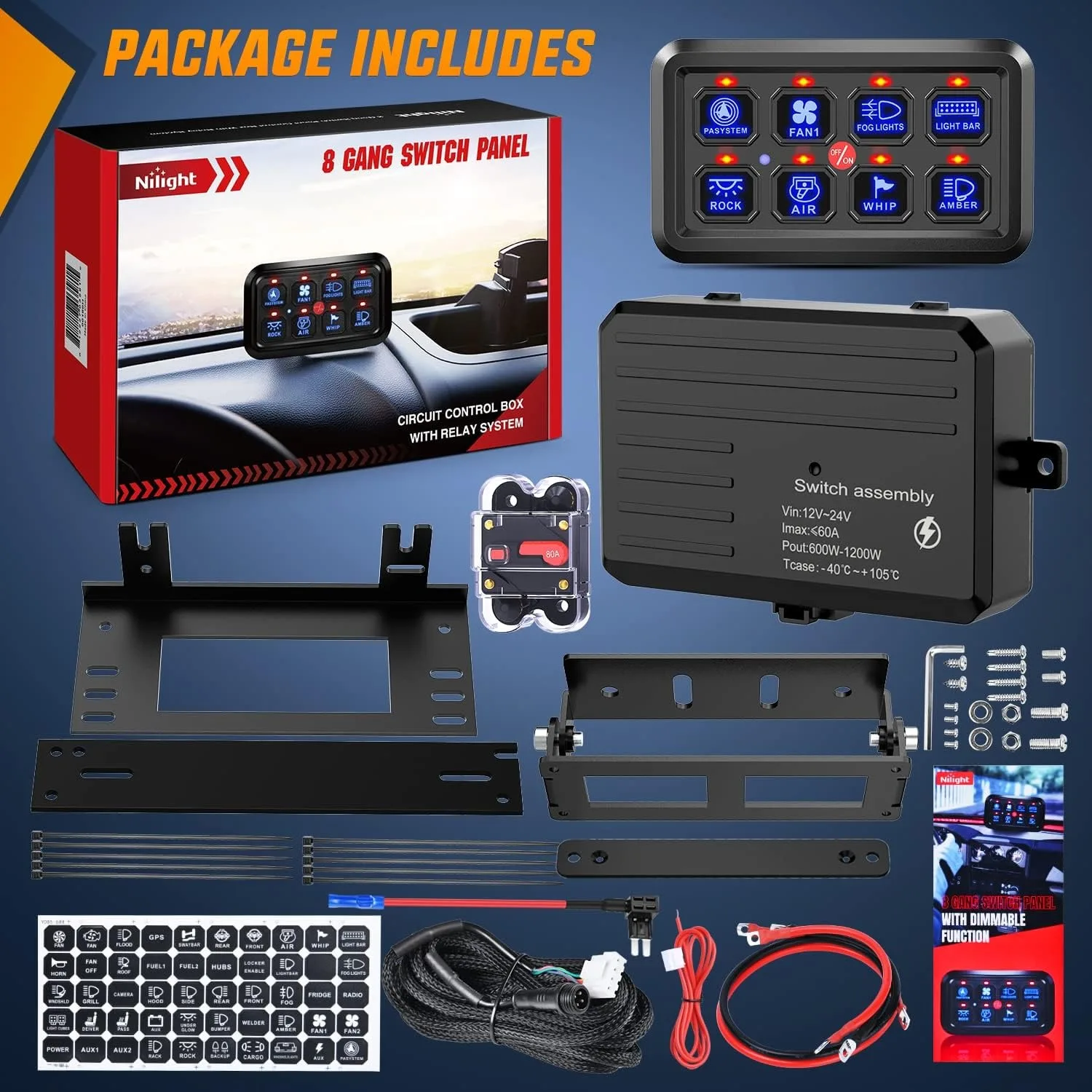 Nilight 8 Gang Switch Panel System, 12V Circuit Control Relay Box with Fuse Wiring Harness, Automatic Dimmable LED Switch Pod for Truck, SUV, Jeep, UTV & Camper