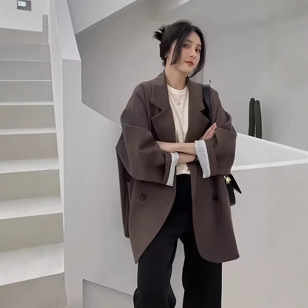 أزياء المرأة مع جيوب الصلبة مزدوجة الصدر السترة خمر طويلة الأكمام محززة الرقبة الإناث مكتب سيدة وتتسابق