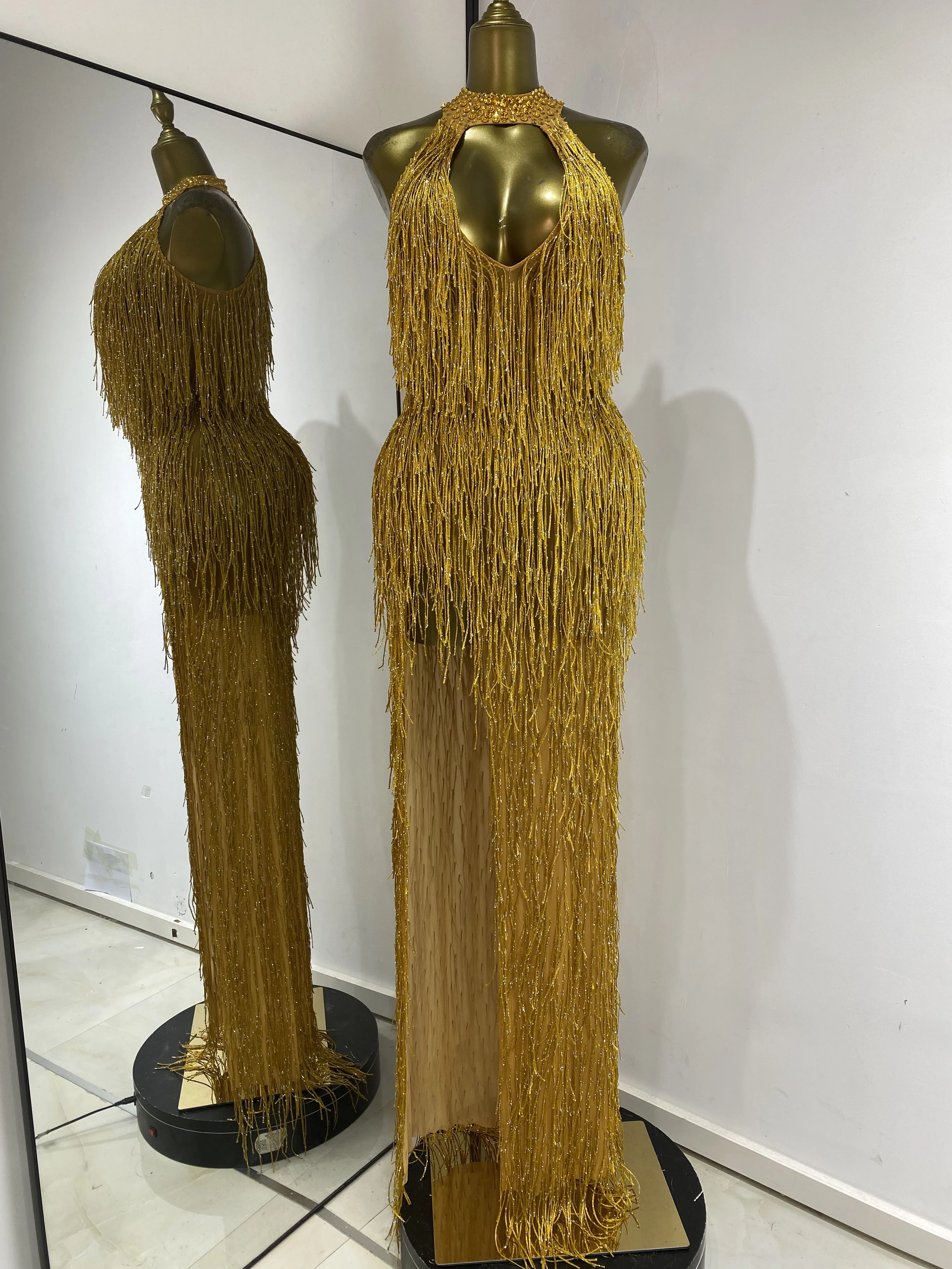 

Women Luxury Gold O Neck Key Hole Tassel Open Leg Maxi Long Strechable Dress Celebrity Evening Club Party One Piece Gala Gowns