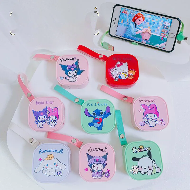 Kawaii Kuromi Hello Kitty My Melody Three-In-One Retractable Data Cable Anime Sanrio Girly Heart Cute Mobile Phone Holder