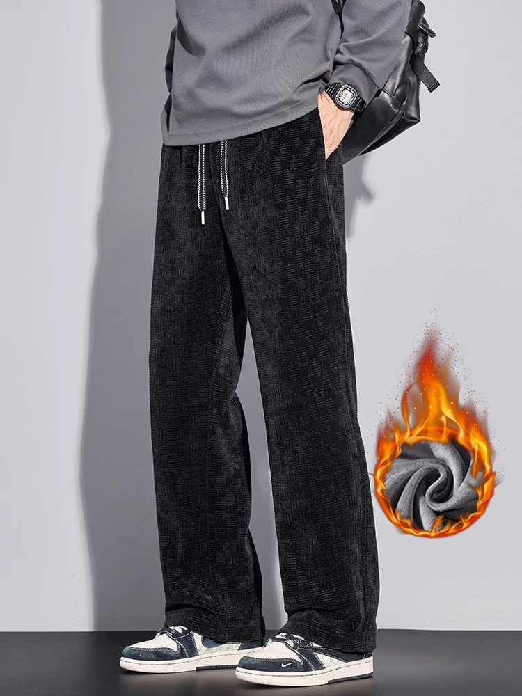 الرجال الجاكار الصوف السراويل الشتاء موضة مستقيم سميكة فضفاضة المخملية Sweatpants الذكور عادية واسعة مرونة الخصر بنطلون #3