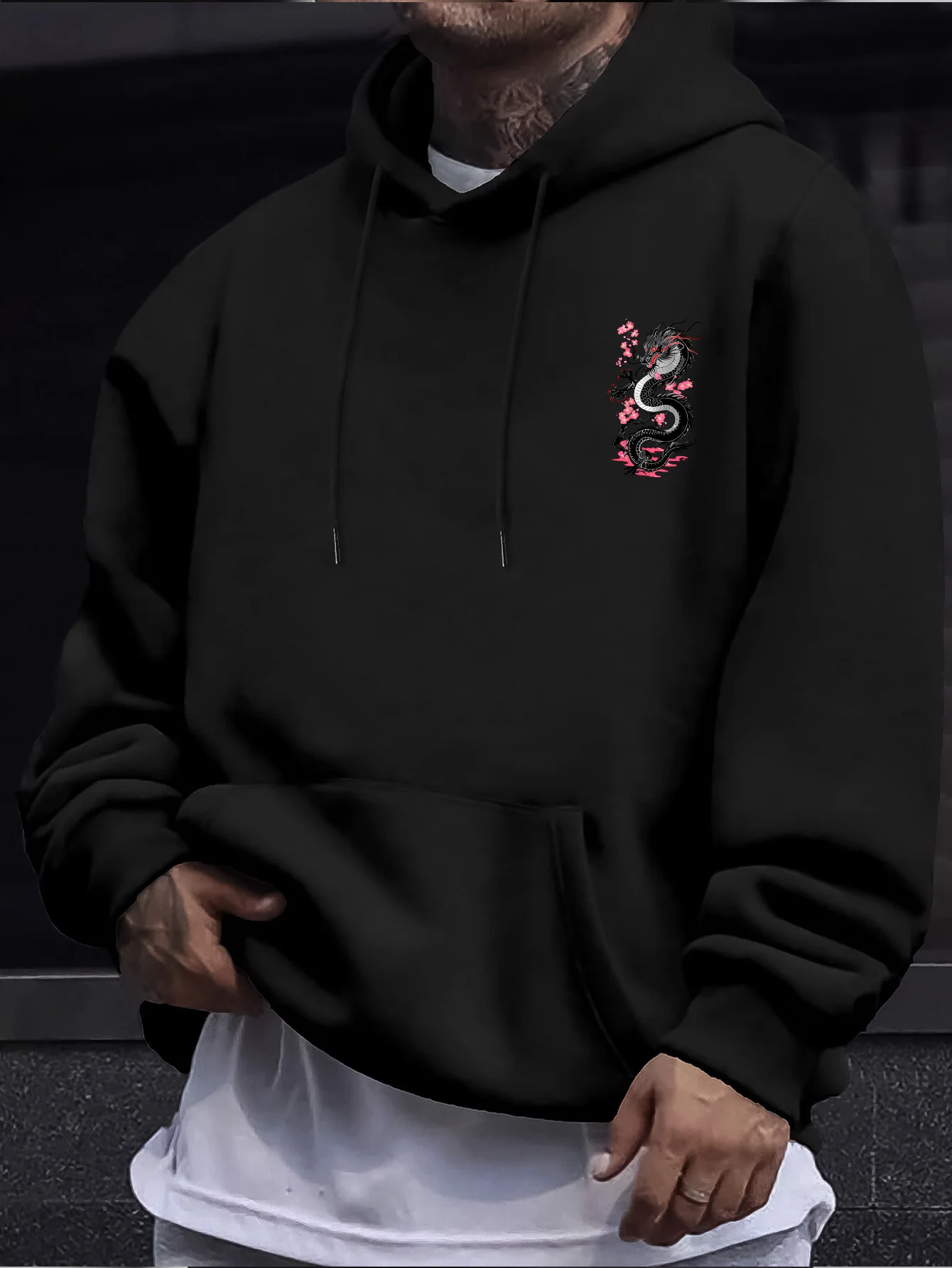 Men's new fashion hooded sweatshirt featuring a dragon-motif print, crafted from knit fabric with a kangaroo pocket.