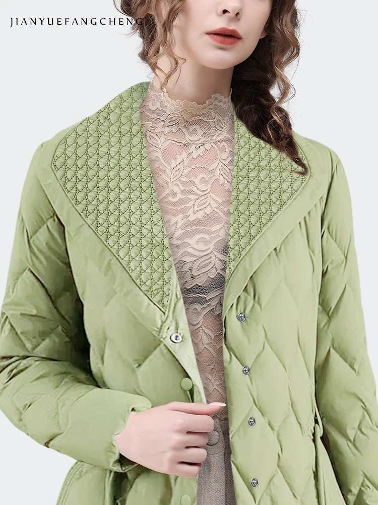 Womens Winter Light Green Down Jacket Long Sleeve Lapel Collar Warm Thicken Parkas Vintage Loose Casual Female Trench Coats