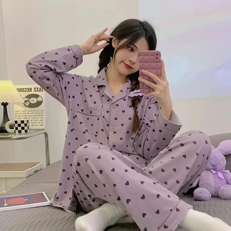 

Printemps et automne nouvelles dames pyjamas coréens ensemble de vêtements de maison filles étudiants pyjamas à manches longues