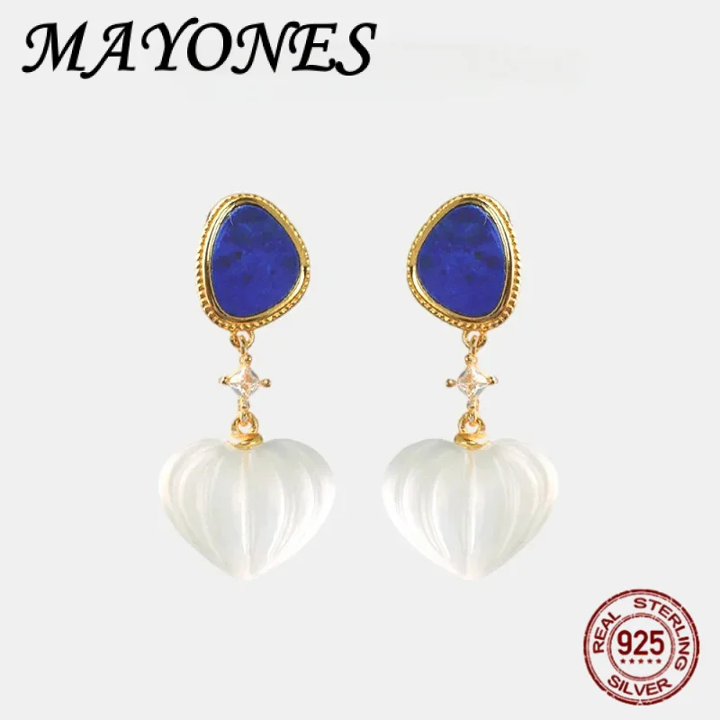 

925 Sterling Silver Natural Lapis Lazuli And White Crystal Women's Heart-shaped Pendant Earrings As a Love Gift For Her