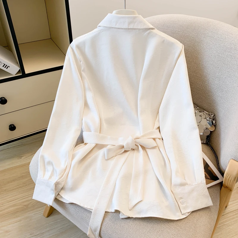 Herfst elegante satijnen blouse voor dames abrikoos shirt met lange mouwen chique taille afslankend ontwerp niche stijl chique kantoor dame tops nieuw