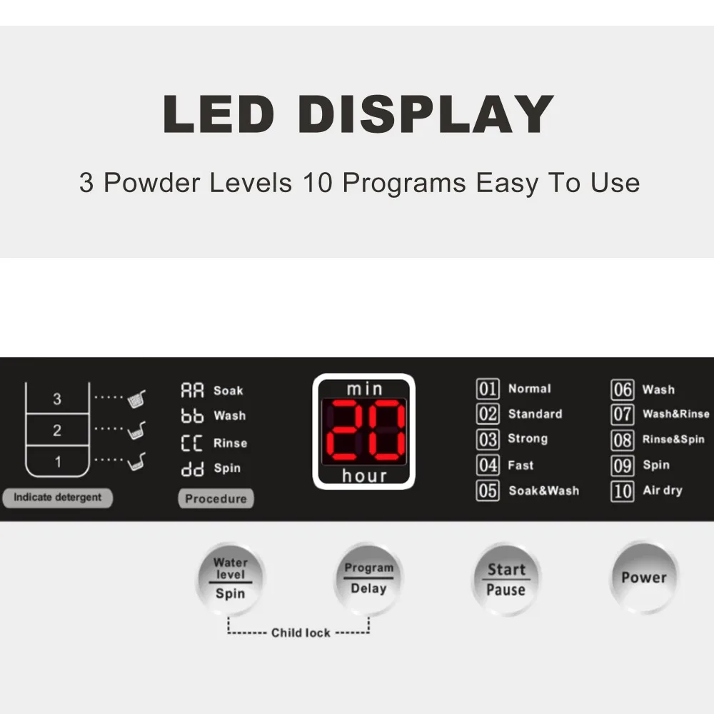 Full Automatic Washer Machine,Portable Washing Machine,Laundry Washer with 10 Wash Programs& LED Display& Built-in Drain Pump