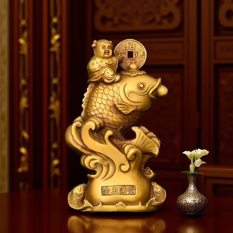 Adornos de peces de cobre de la suerte, decoración de escritorio dorada para el hogar y la Oficina para niñas