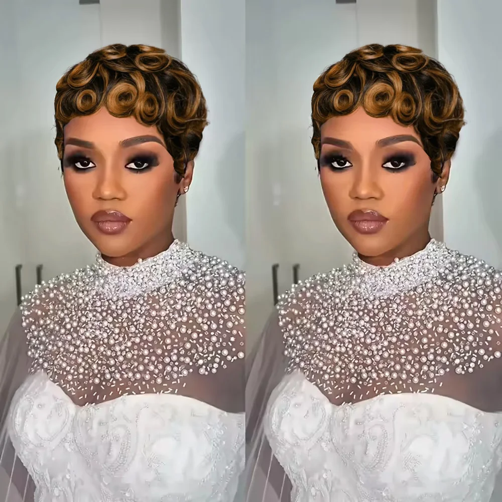 Women's Human Hair Pixie Cut Wig full machine made - Short Layered Curly with Bangs, Natural Black 250% Density image 5