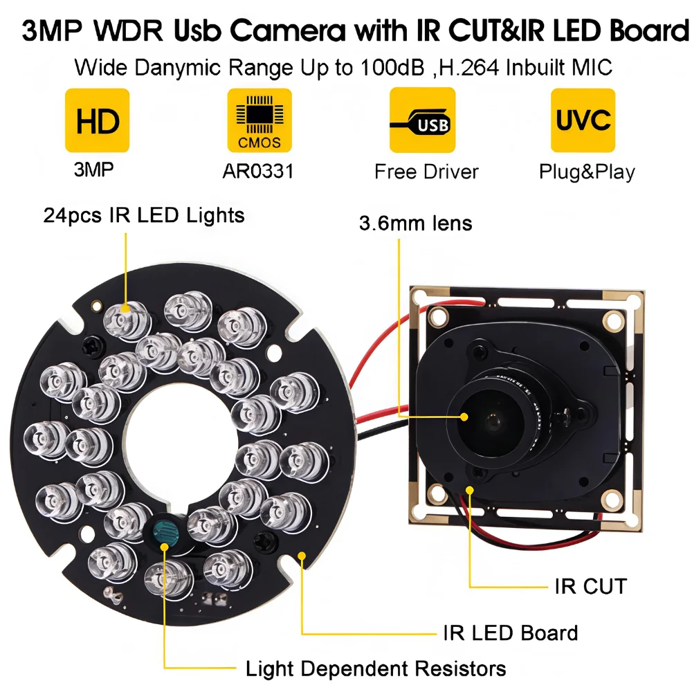ELP 3MP Night Vision USB Camera Module 24PCS IR LEDs H.264 HD Webcam with Microphone Mini Infrared USB2.0 Camera for Security