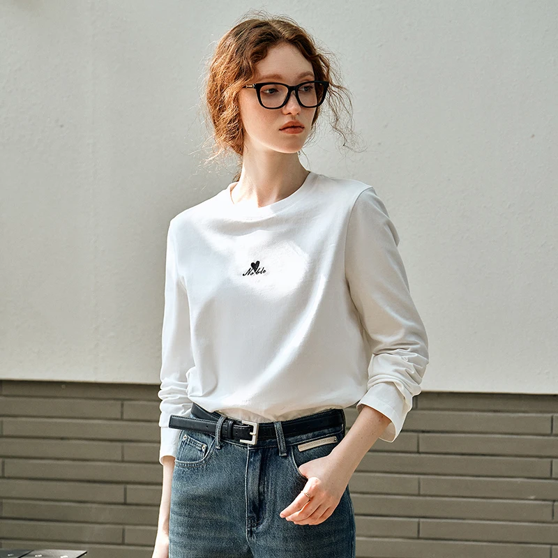 

OLrain Simple Embroidered T-shirt Woman Autumn 2025 New Fashion Straight Cotton Tees Knitted Casual Loose Female Tops N57CT96033