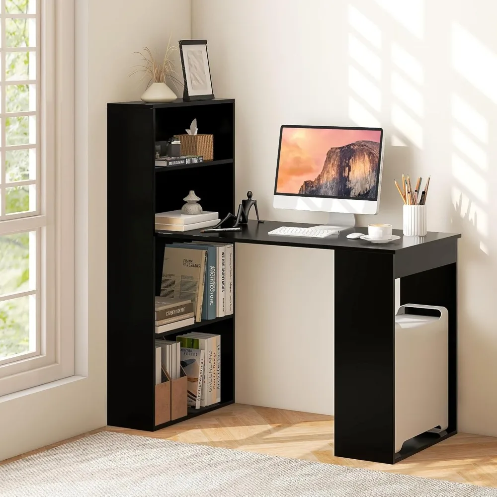 Computer Desk with Bookshelf, Writing Study Desk with Storage Shelves & CPU Stand, Modern Compact Computer Workstation