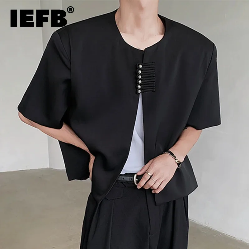 

IEFB New Chinese Style Men's Suit Jacket Casual Loose Solid Color Short Sleeve Shoulder Pad Knot Button Stylish Summer 2024 6140